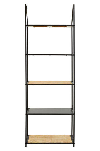 Depok Natural Rattan and Black Finish Metal 5 Tier Shelf Unit