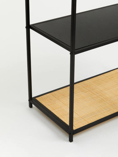 Depok Natural Rattan and Black Finish Metal 5 Tier Shelf Unit