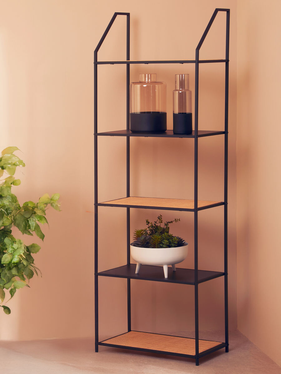 Depok Natural Rattan and Black Finish Metal 5 Tier Shelf Unit
