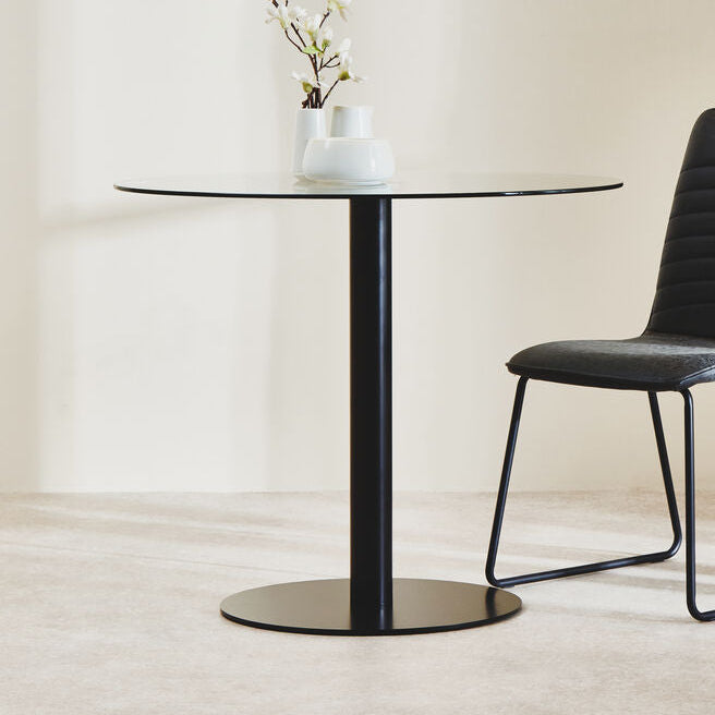 Metropolitan Clear Glass Round Dining Table with Black Finish Base
