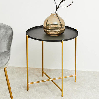 Trosa Black and Gold Finish Round Tray Side Table