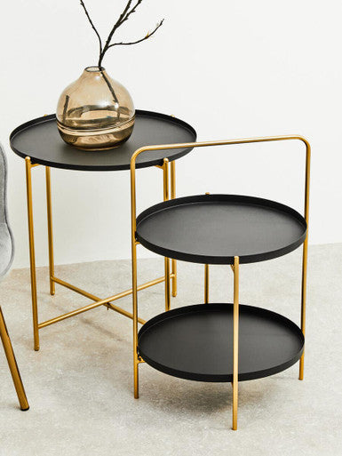 Trosa Black and Gold Finish Round Tray Side Table