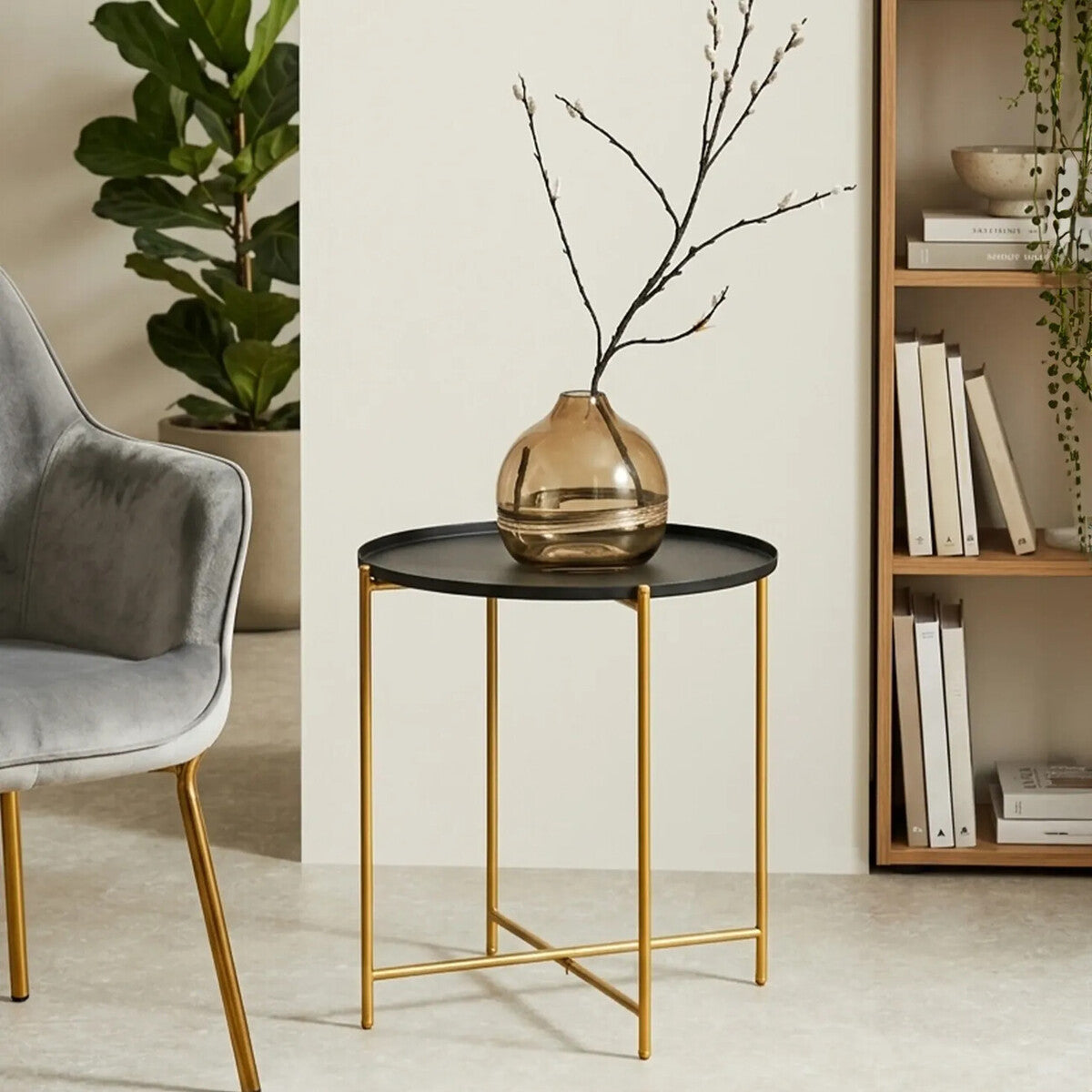 Trosa Black and Gold Finish Round Tray Side Table