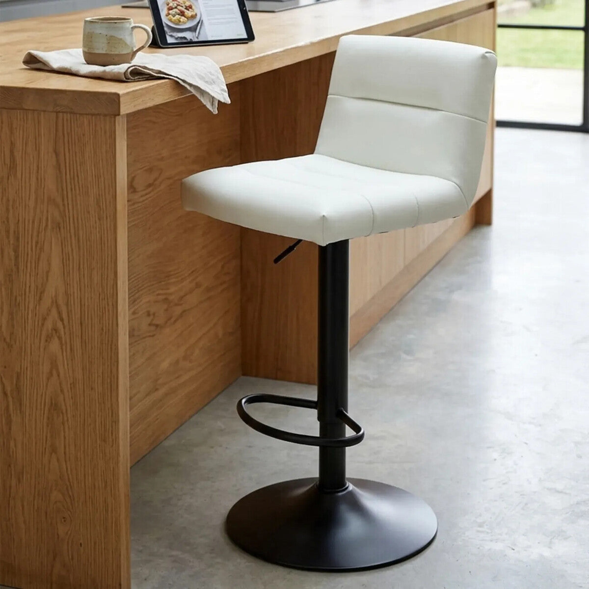 Baina White Leather Effect Adjustable Bar Stool with Black Base