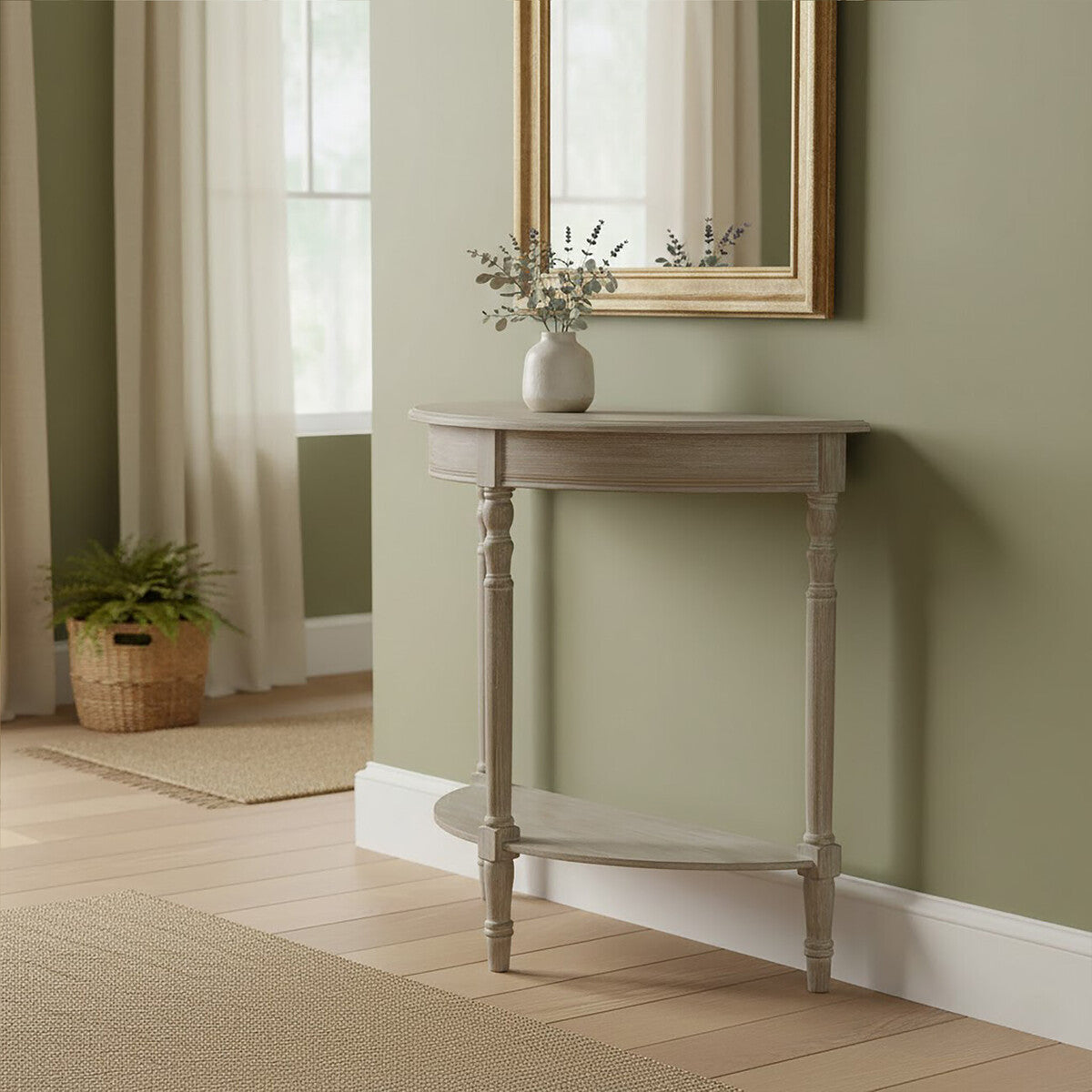 Heritage Natural Wash Wooden Half Moon Console Table with Lower Shelf