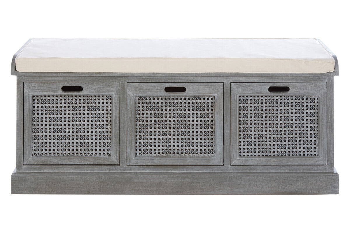 Heritage Grey Wash Wooden and Rattan 3 Drawer Storage Bench with Cushion
