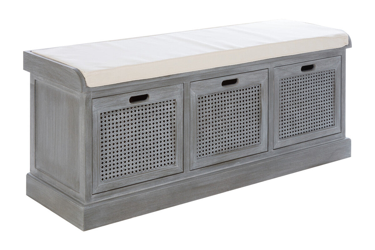 Heritage Grey Wash Wooden and Rattan 3 Drawer Storage Bench with Cushion