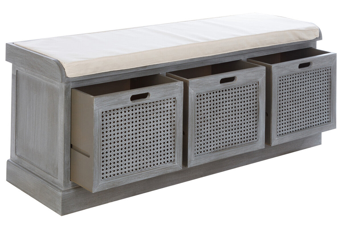 Heritage Grey Wash Wooden and Rattan 3 Drawer Storage Bench with Cushion