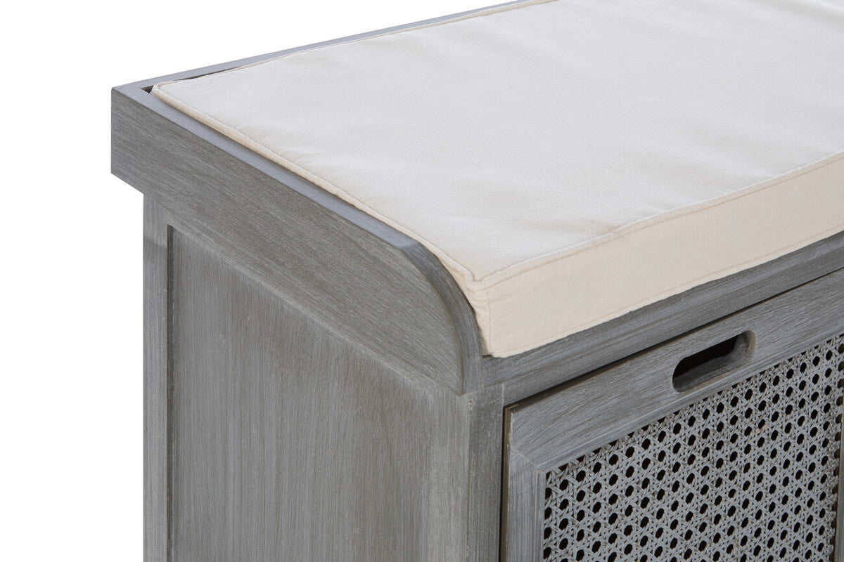Heritage Grey Wash Wooden and Rattan 3 Drawer Storage Bench with Cushion