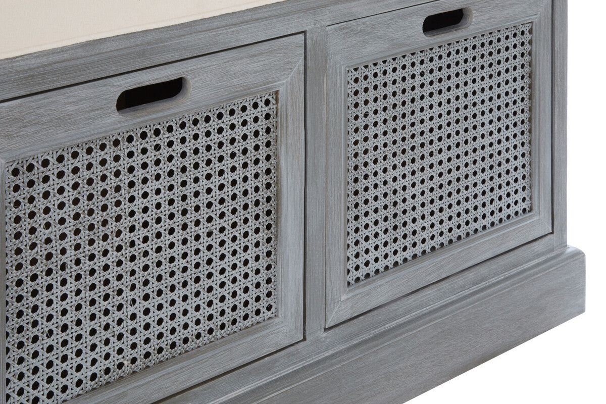 Heritage Grey Wash Wooden and Rattan 3 Drawer Storage Bench with Cushion