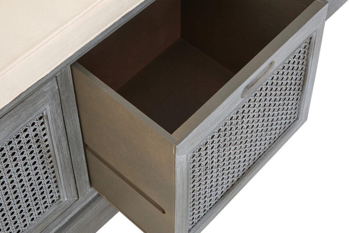 Heritage Grey Wash Wooden and Rattan 3 Drawer Storage Bench with Cushion
