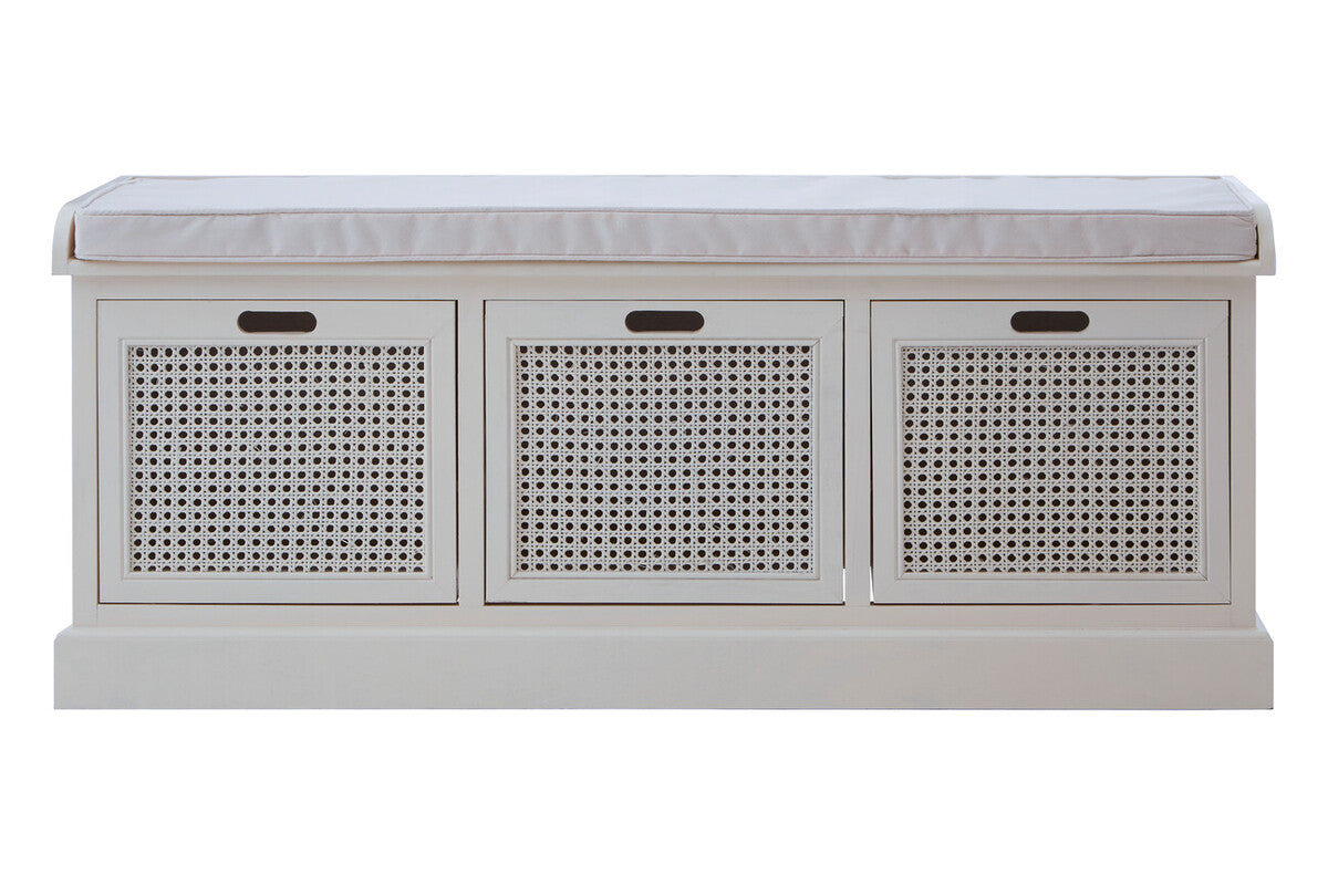 Heritage White Wooden and Rattan 3 Drawer Storage Bench with Cushion