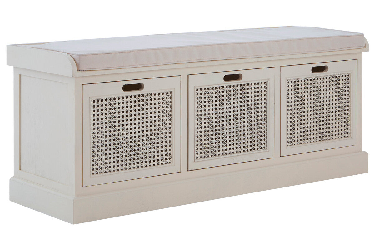 Heritage White Wooden and Rattan 3 Drawer Storage Bench with Cushion