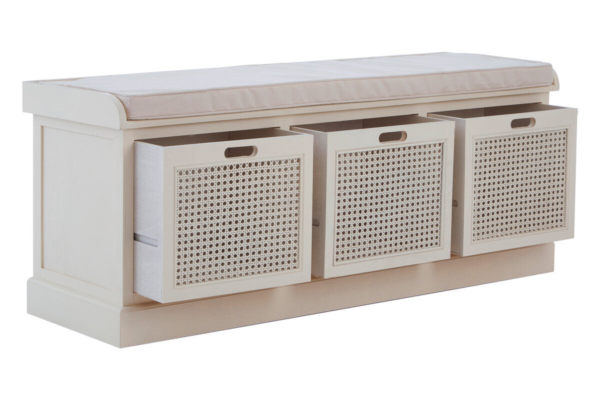 Heritage White Wooden and Rattan 3 Drawer Storage Bench with Cushion