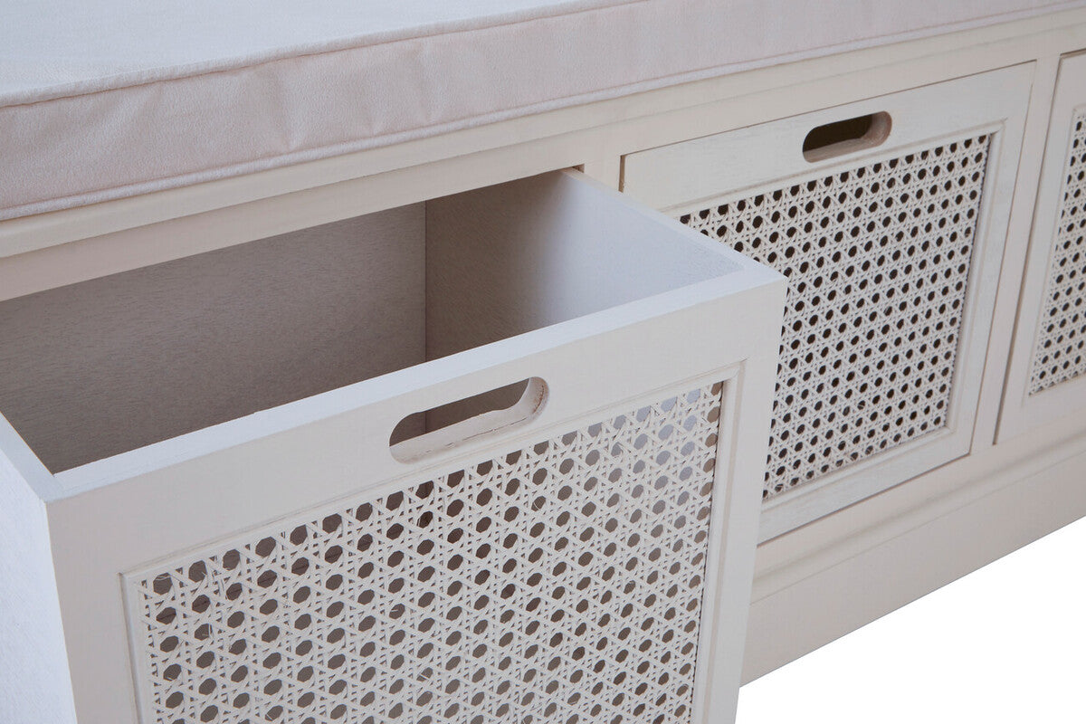 Heritage White Wooden and Rattan 3 Drawer Storage Bench with Cushion