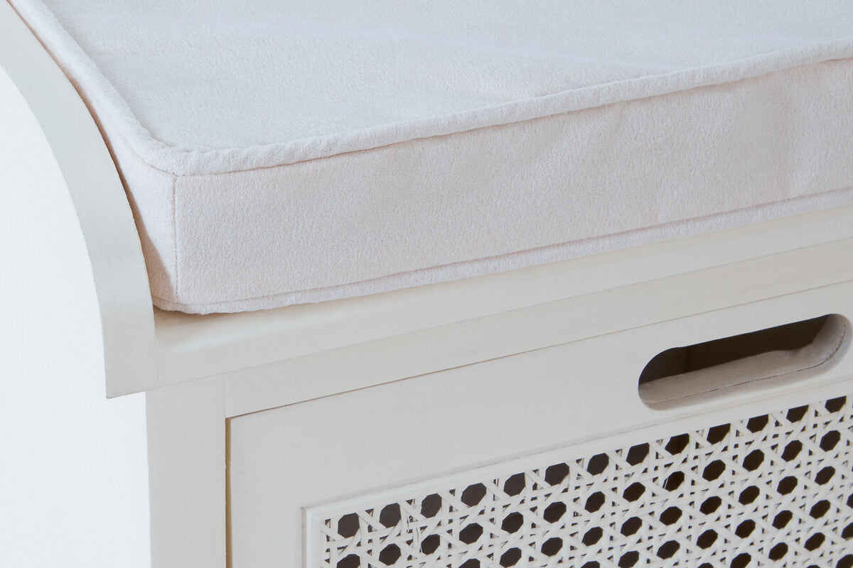 Heritage White Wooden and Rattan 3 Drawer Storage Bench with Cushion