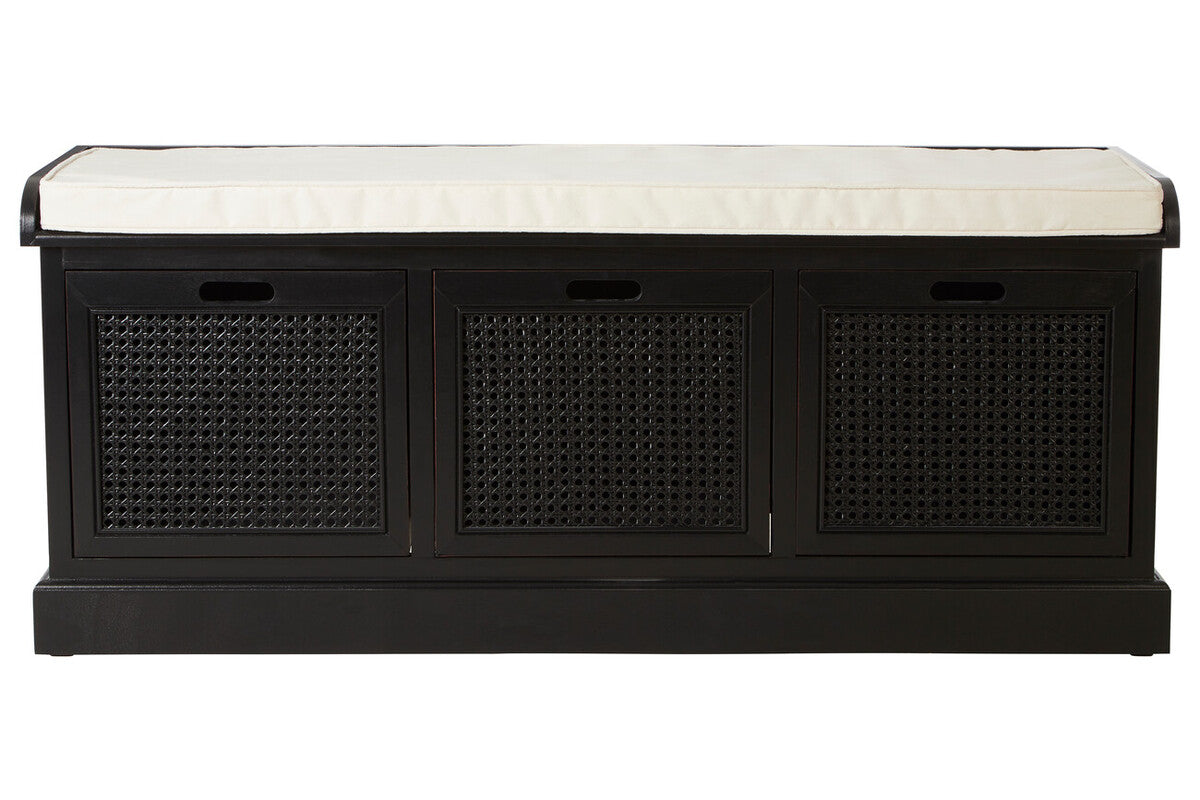 Heritage Black Wooden and Rattan 3 Drawer Storage Bench with Cushion