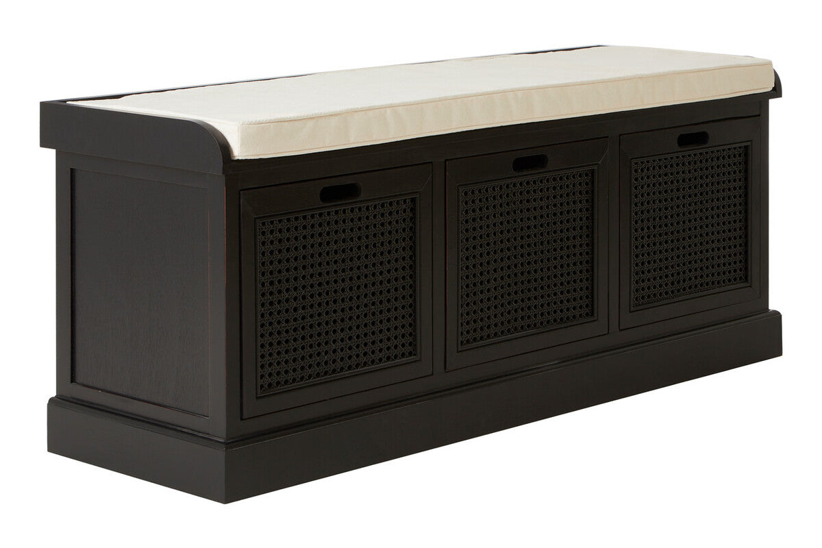 Heritage Black Wooden and Rattan 3 Drawer Storage Bench with Cushion