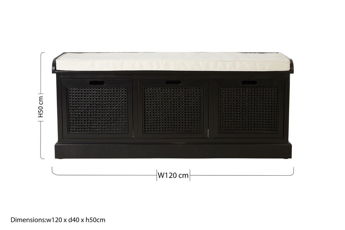 Heritage Black Wooden and Rattan 3 Drawer Storage Bench with Cushion
