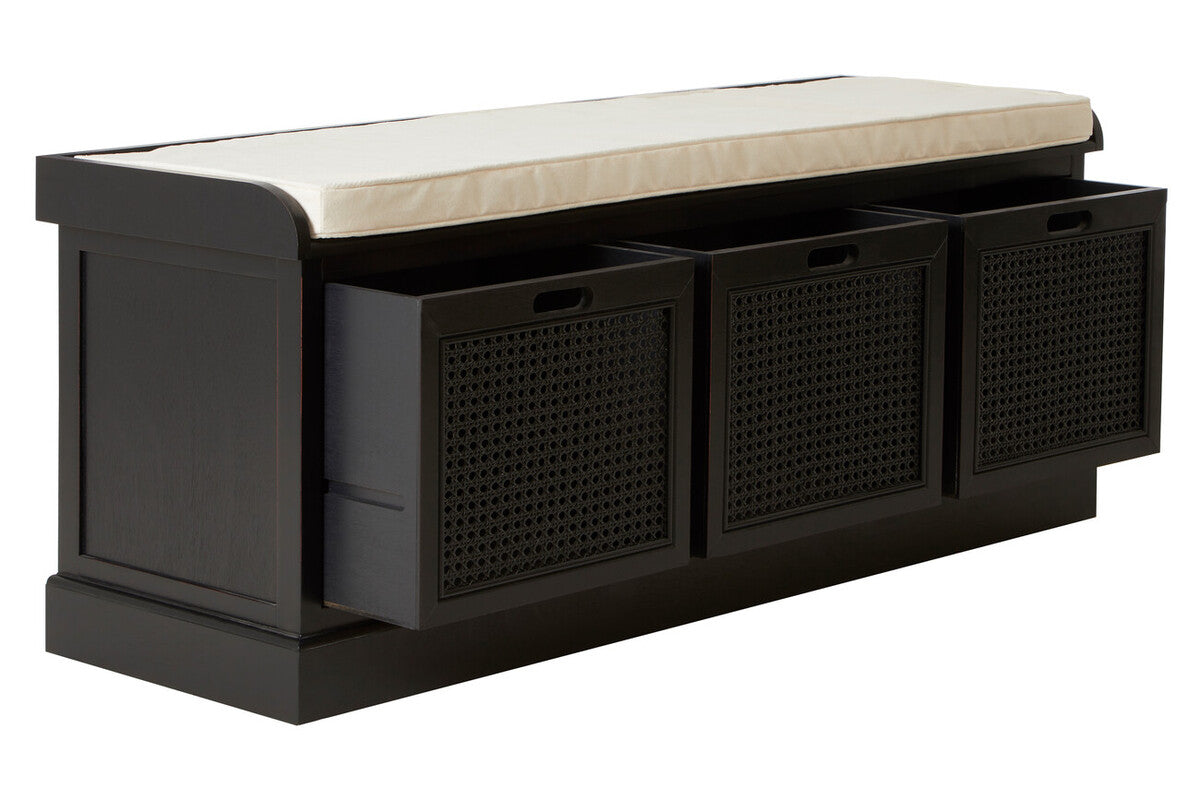 Heritage Black Wooden and Rattan 3 Drawer Storage Bench with Cushion