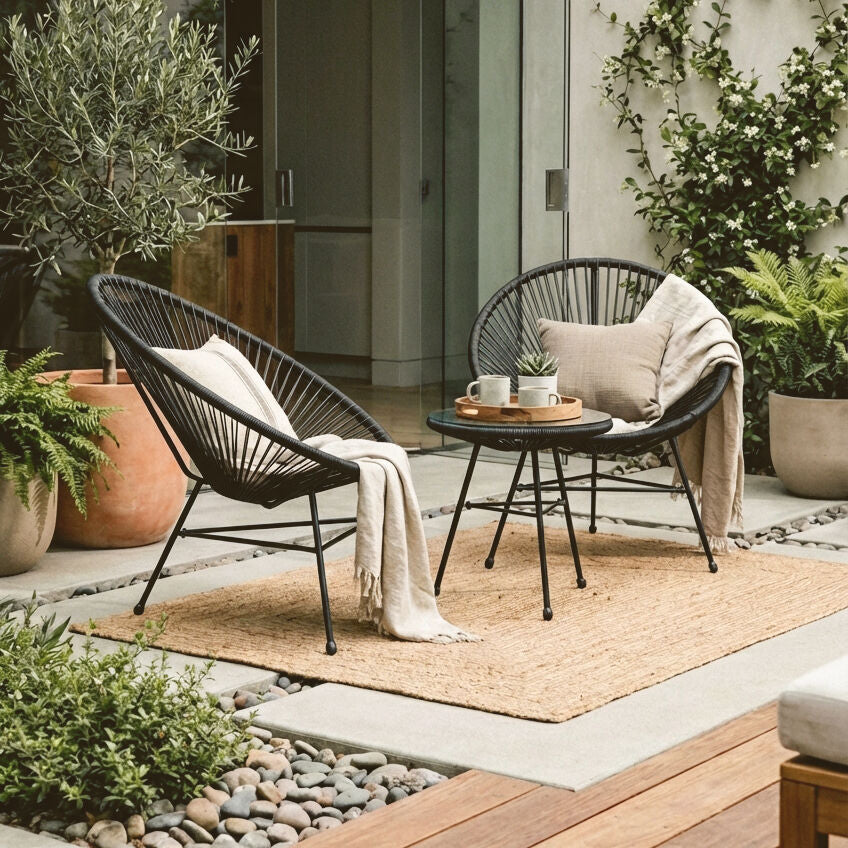 Miami Black Rattan 3 Piece Patio Set with Glass Top Table