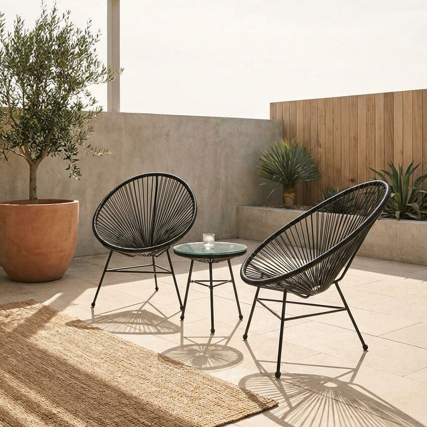 Miami Black Rattan 3 Piece Patio Set with Glass Top Table