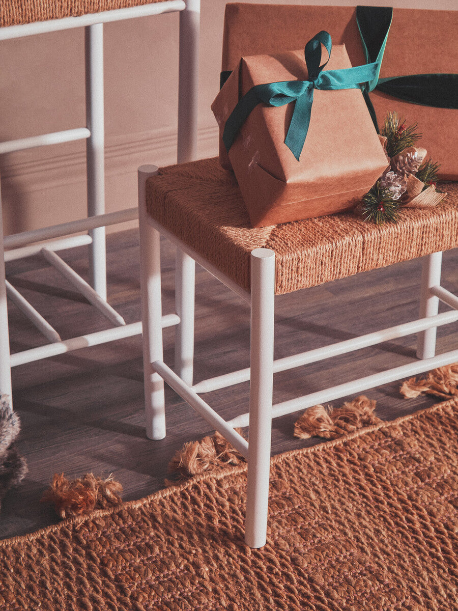 Bandar Natural Rope Woven Small Bench with White Wooden Legs