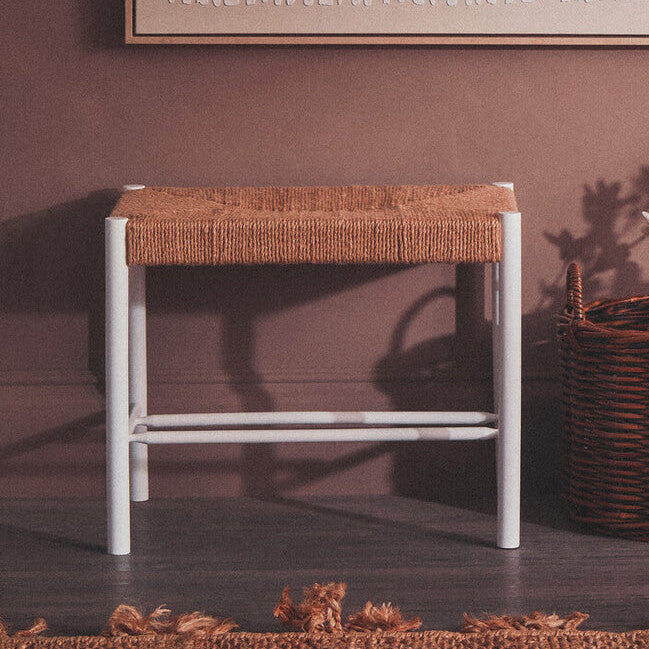 Bandar Natural Rope Woven Small Bench with White Wooden Legs