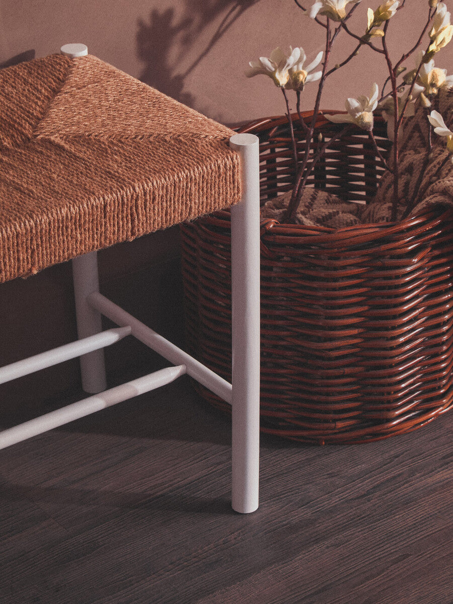Bandar Natural Rope Woven Small Bench with White Wooden Legs