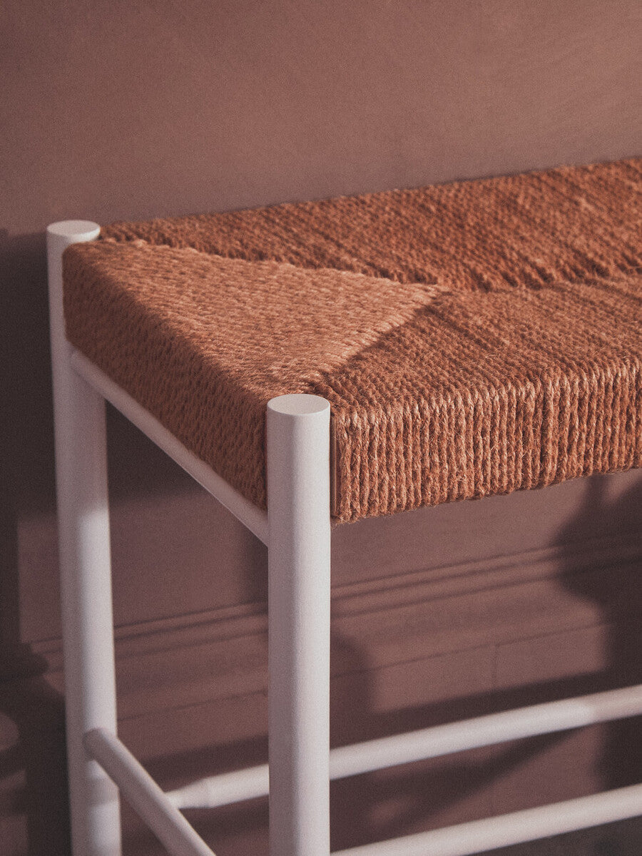 Bandar Natural Rope Woven Small Bench with White Wooden Legs