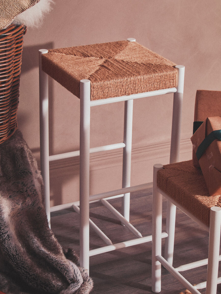Bandar Natural Rope Woven Bar Stool with White Wooden Legs