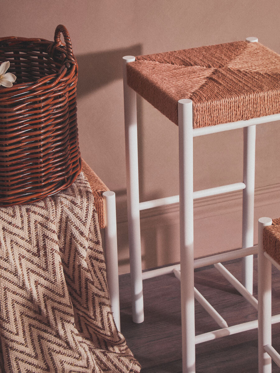 Bandar Natural Rope Woven Bar Stool with White Wooden Legs