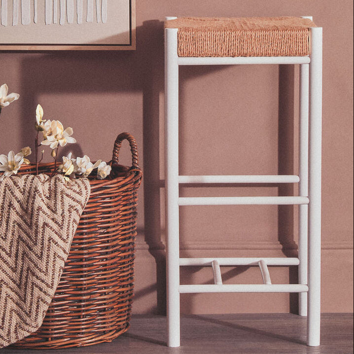 Bandar Natural Rope Woven Bar Stool with White Wooden Legs