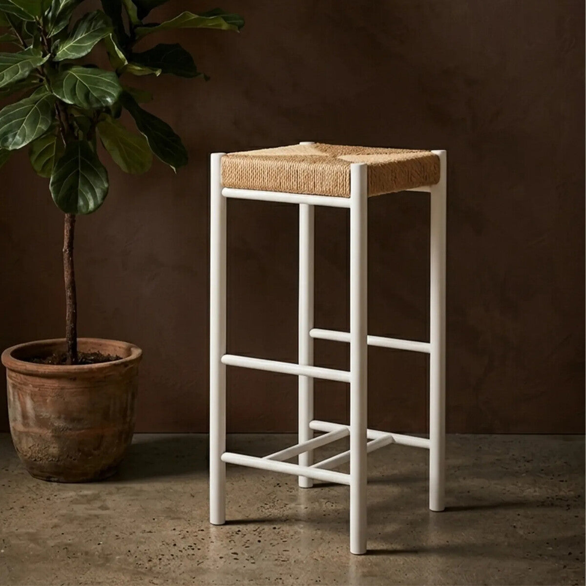 Bandar Natural Rope Woven Bar Stool with White Wooden Legs