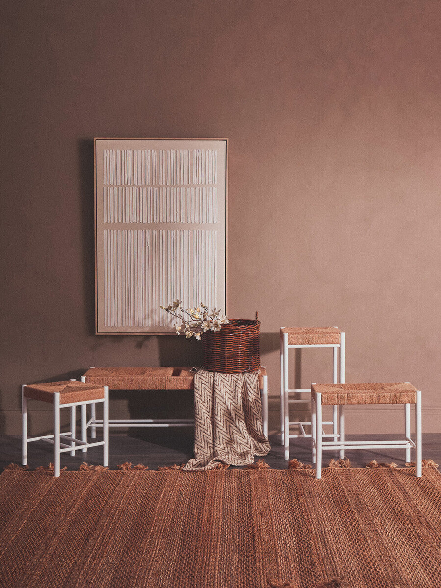 Bandar Natural Rope Woven Large Bench with White Wooden Legs