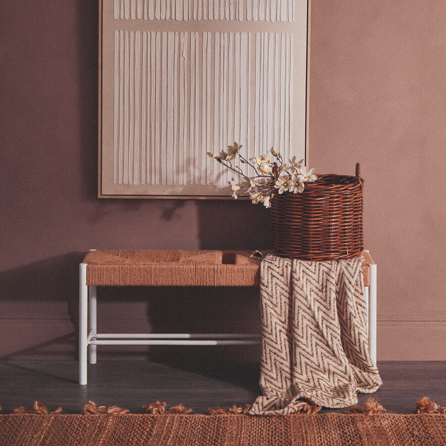 Bandar Natural Rope Woven Large Bench with White Wooden Legs