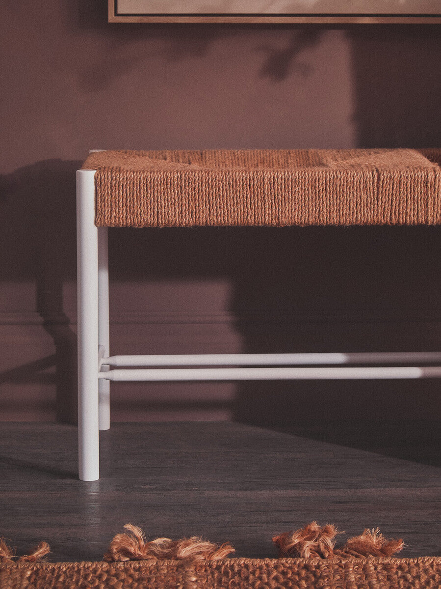 Bandar Natural Rope Woven Large Bench with White Wooden Legs