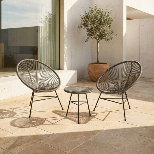 Miami Grey Rattan 3 Piece Patio Set with Glass Top Table