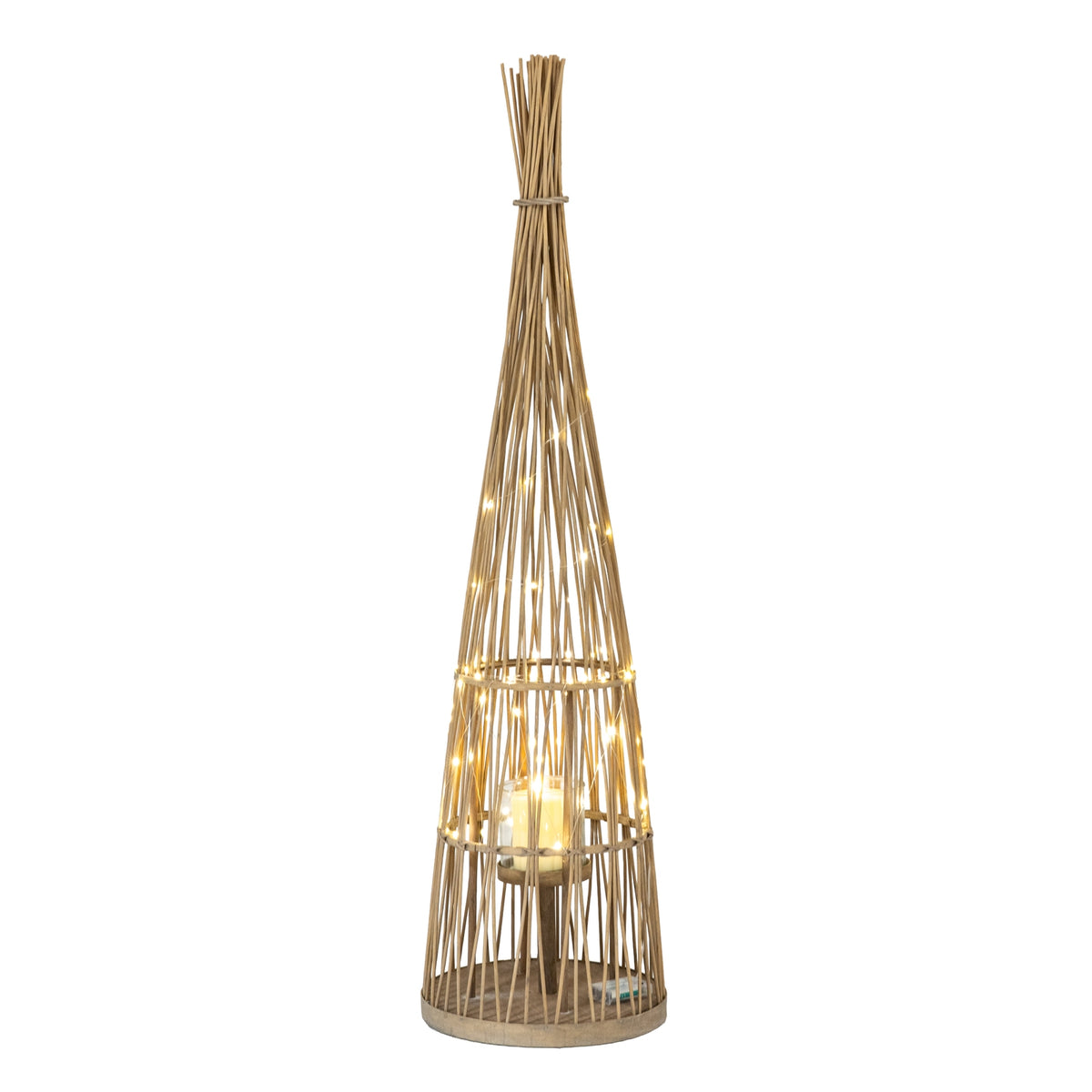 Large Conical Wicker Lantern With Glass Holder & LED Lights