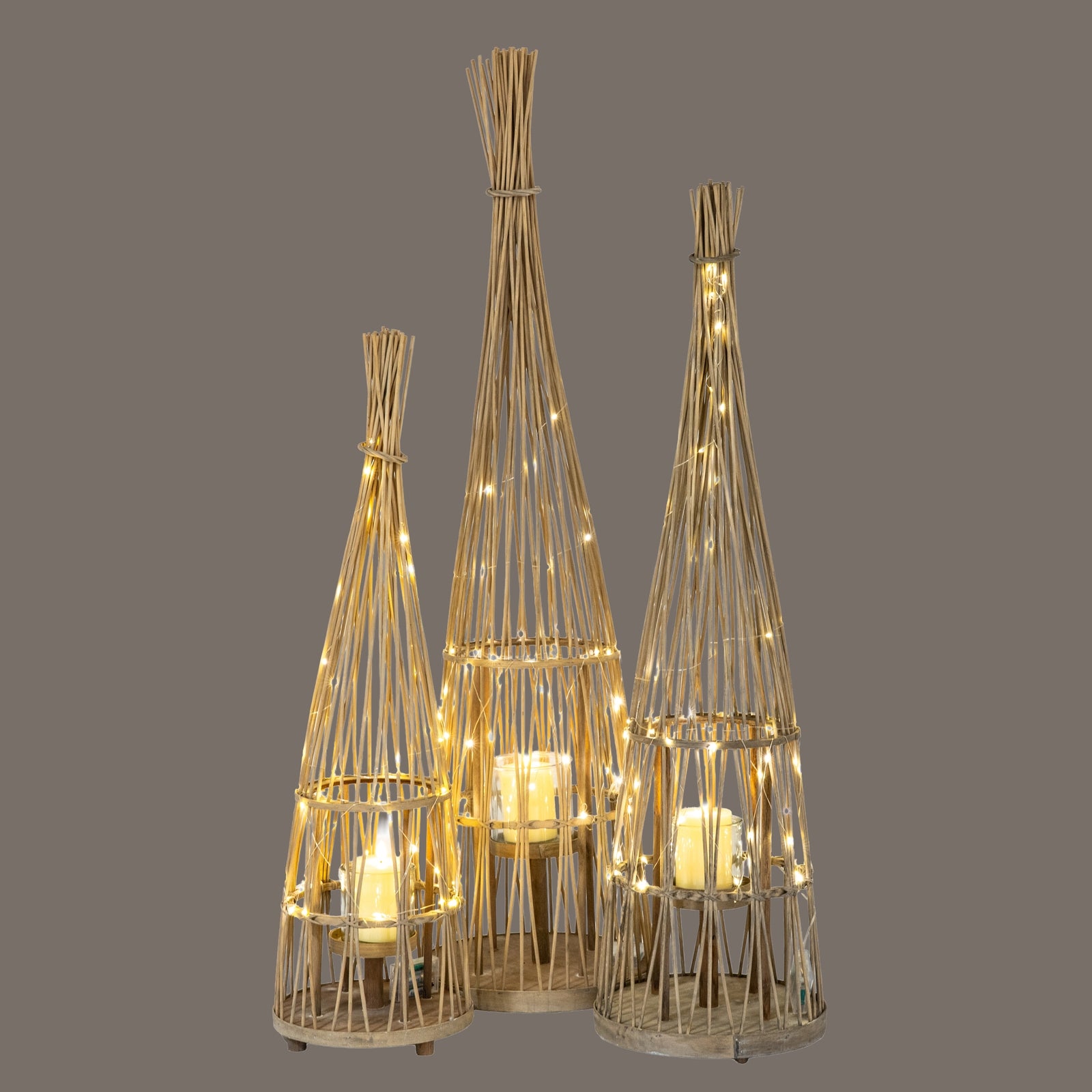 Large Conical Wicker Lantern With Glass Holder & LED Lights