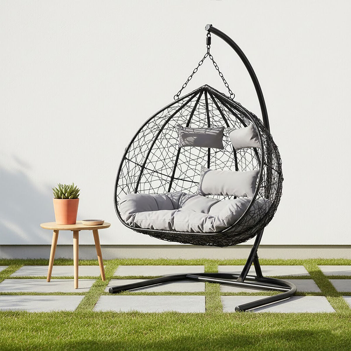 Goa Black Rattan Effect Double Hanging Egg Chair with Sledge Base