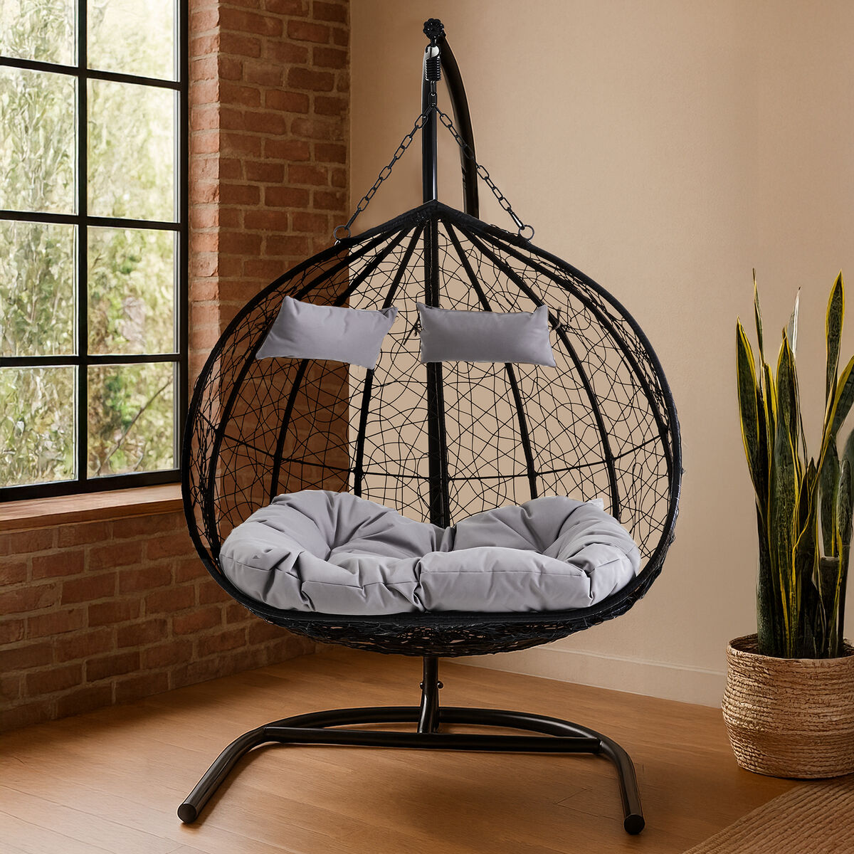 Goa Black Rattan Effect Double Hanging Egg Chair with Sledge Base
