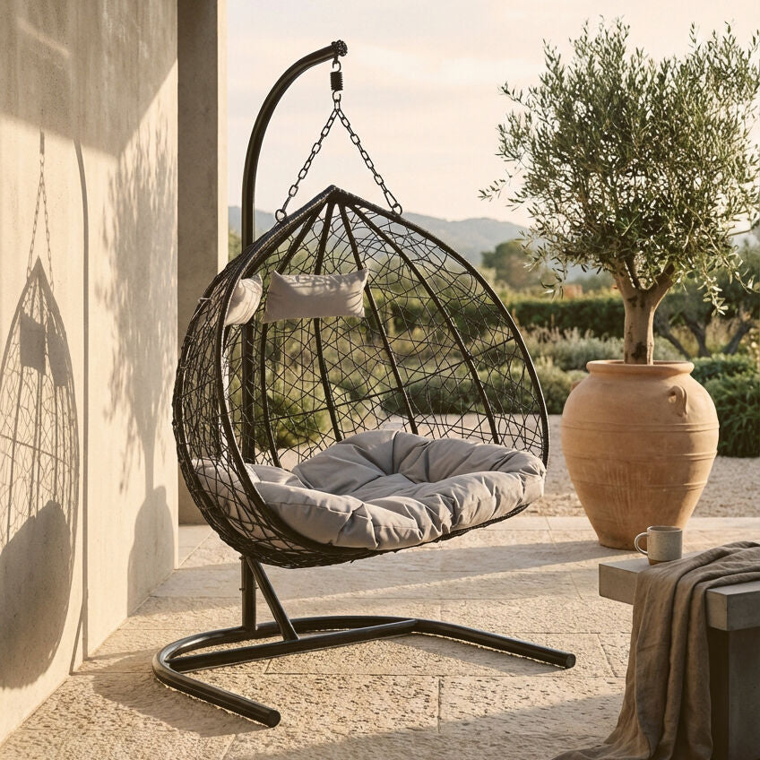 Goa Black Rattan Effect Double Hanging Egg Chair with Sledge Base