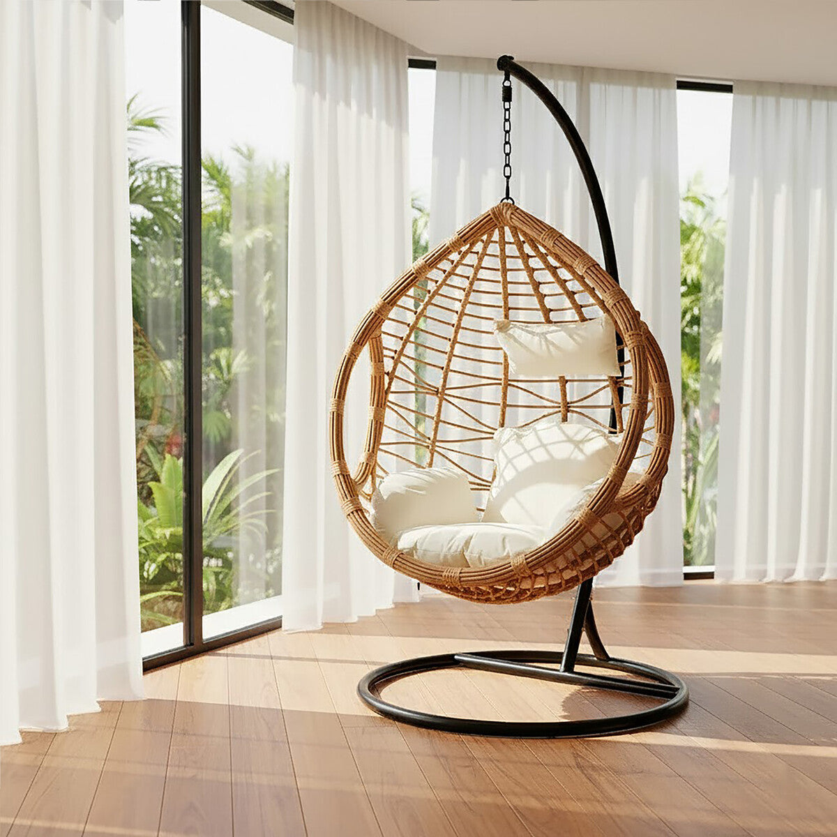 Goa Natural Rattan Effect Hanging Egg Chair with Cream Cushions