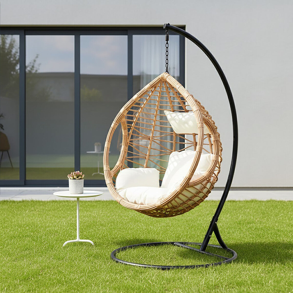 Goa Natural Rattan Effect Hanging Egg Chair with Cream Cushions