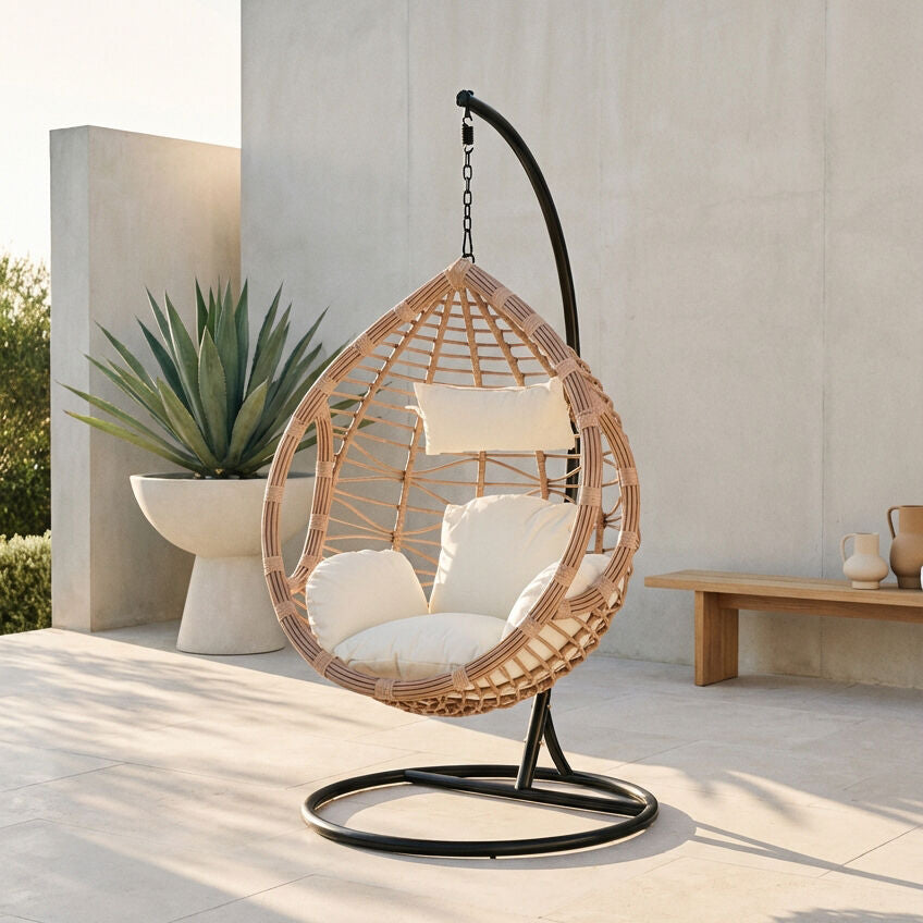 Goa Natural Rattan Effect Hanging Egg Chair with Cream Cushions