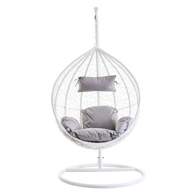 Goa White Rattan Effect Hanging Egg Chair with Grey Cushions