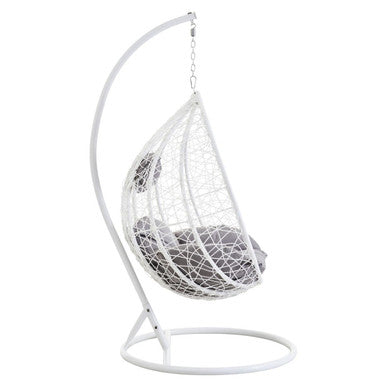 Goa White Rattan Effect Hanging Egg Chair with Grey Cushions