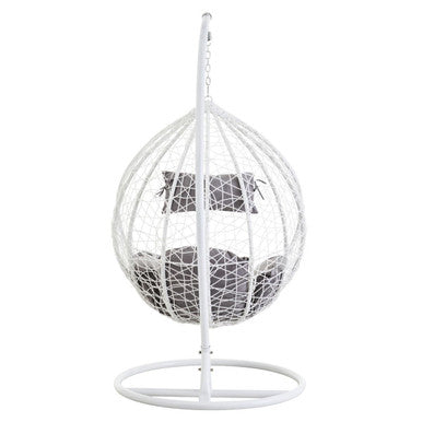 Goa White Rattan Effect Hanging Egg Chair with Grey Cushions