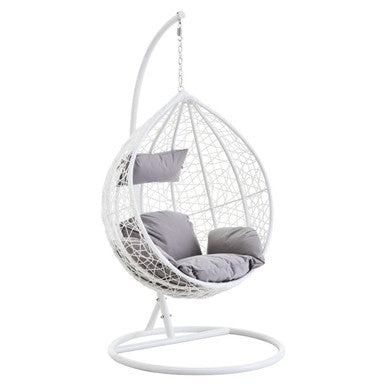 Goa White Rattan Effect Hanging Egg Chair with Grey Cushions